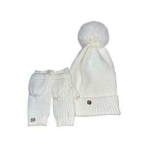 Michael Kors White Knit Beanie and Mittens Set